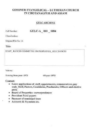 STAFF RANCHI COMMITTEE ON PROPERTIES GELC RANCHI