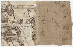 Melsungen, Riedeselsche Vogtei mit Entwurf für ein Wagenhaus (recto, links + verso, rechts), Kasseler Tor und Gasse (recto, rechts)