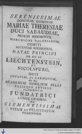 Serenissimae Dominae Dominae Mariae Theresiae Duci Sabaudiae…