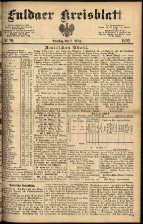 Erste Ausgabe vom Dienstag, den 08. März 1892.