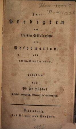 Zwei Predigten am dritten Säkularfeste der Reformation : am 31. Oktob. 1817