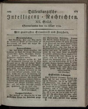 XX. Stück. Sonnabends den 18. May 1799.