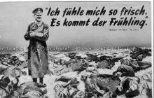 Abwurf-Flugblatt der Alliierten mit der Abbildung Hitlers inmitten von toten Soldaten