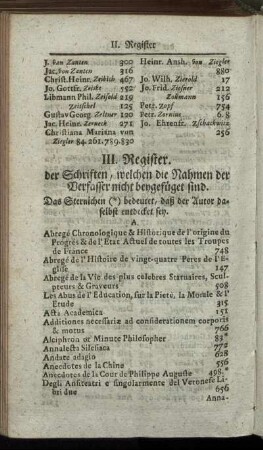 III. Register. der Schriften, welchen die Nahmen der Verfasser nicht beygefüget sind.