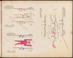 J. D. Oehme, Grünhainichen : Spielzeugmusterbuch, 82 Tafeln (rechtsseitig, Rückseiten ausnahmslos leer), die Tafelnummerierung (rot, oben links, teilweise abgeschnitten/nicht identifizierbar) und Seitenzählung (Bleistift, oben rechts) stimmt nicht durchgehend überein; handkolorierte Zeichnungen, teilweise mit Papier beklebt (bedruckte Zettel, aber auch Originalpapier, mit dem die abgebildeten Objekte beklebt wurden). Gesamtseiten: 184; davon Leerseiten und leere Rückseiten: 86