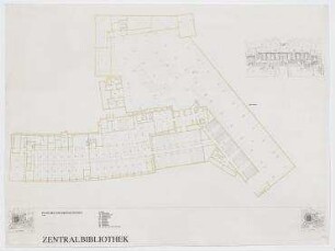 Bauwettbewerb Amerika-Gedenkbibliothek/Berliner Zentralbibliothek, AGB, 1. Phase (nicht realisiert) – Grundriss UG, Spielgarten: Perspektivansicht. Berlin-Kreuzberg, Blücherplatz 1