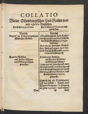 Collatio Beeder Oldenburgischen Zol-Rollen vor und respective Nachsätzen.