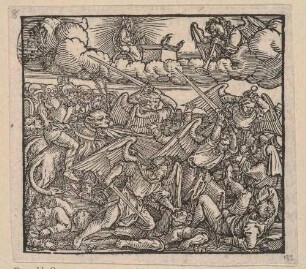 Der sechste Engel stößt in die Posaune, neben ihm sitzt Gottvater vor einem Altar, aus der Folge: Bilder zur Apokalypse