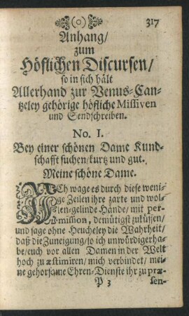Anhang/ zum Höflichen Discursen/ so in sich hält Allerhand zur Venus-Cantzeley gehörige höfliche Missiven und Sendschreiben.