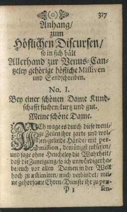 Anhang/ zum Höflichen Discursen/ so in sich hält Allerhand zur Venus-Cantzeley gehörige höfliche Missiven und Sendschreiben.