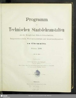 1880: Programm der Technischen Staatslehranstalten zu Chemnitz
