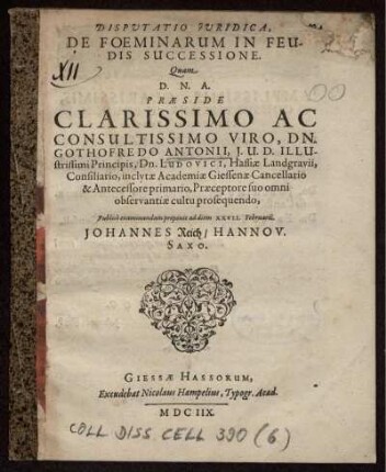 Disputatio Iuridica, De Foeminarum In Feudis Successione