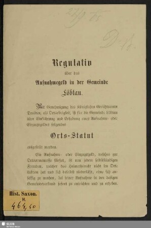 Regulativ über das Aufnahmegeld in der Gemeinde Löbtau