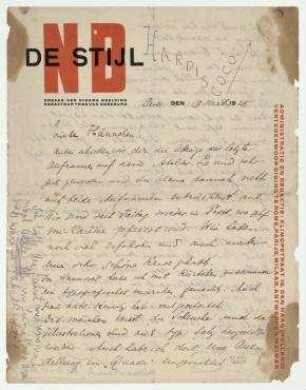 Brief von Theo van Doesburg an Hannah Höch. Paris. Briefkopf: "NB DE STIJL [...]" und Nachsatz von Nelly van Doesburg.