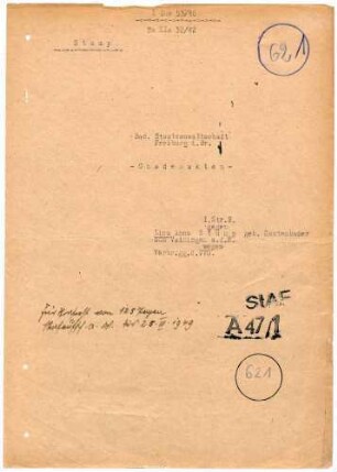 Angeklagte: Stump, Lina Anna (Briefträgerin), Konstanz *25.07.1908 in Vaihingen; + ? Delikt: Verbrechen gegen die Volksschädlingsverordnung Urkundenbeschädigung Amtsunterschlagung Verletzung des Postgeheimnisses Verwahrungsbruch Tatort: Konstanz Tatzeit: Februar 1942