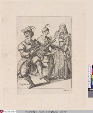 [Verschleierte Frau mit zwei maskierten Musikanten, welche auf einem Rost und einem Blasebalg spielen; A Veiled Woman with Two Musicians Playing a Gridiron and a Bellows]