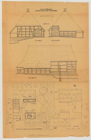 Neschow (Kreis Schönberg): Hof Heitmann. - Lageplan mit Grundrissen. - Scheune (Ostansicht, Südansicht, Westansicht)