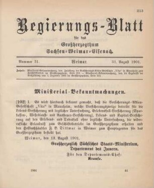 102. Ministerial-Bekanntmachung, betreffend Zulassung der Versicherungs-Aktien-Gesellschaft "Vita" in Mannheim zum Geschäftsbetrieb im Großherzogthum
