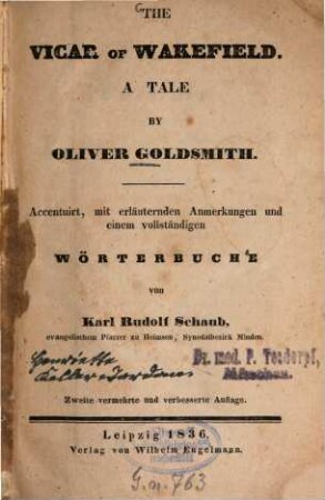 The Vicar of Wakefield : A Tale by Oliver Goldsmith