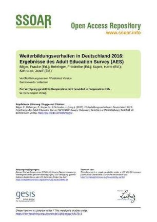 Weiterbildungsverhalten in Deutschland 2016: Ergebnisse des Adult Education Survey (AES)