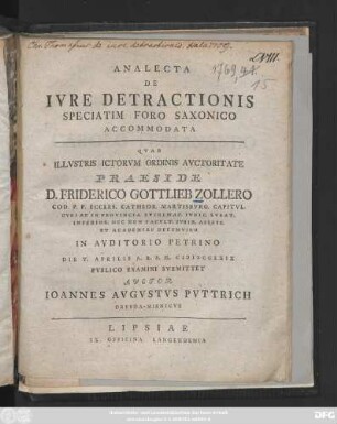 Analecta De Ivre Detractionis Speciatim Foro Saxonico Accomodata