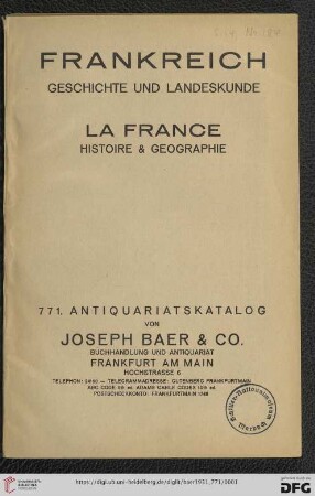 Nr. 731: Lagerkatalog / Josef Baer & Co., Frankfurt a.M.: Frankreich - Geschichte und Landeskunde