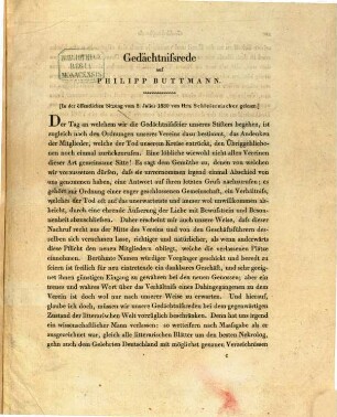 Gedächtnissrede auf Philipp Buttmann