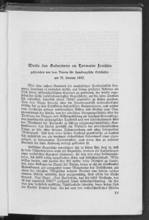 Worte des Gedenkens an Hermann Joachim gesprochen vor dem Verein für Hamburgische Geschichte am 25. Januar 1932.