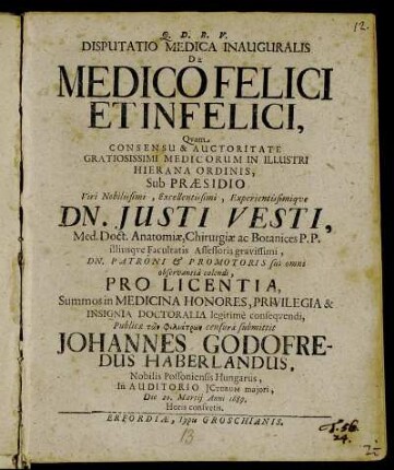 Disputatio Medica Inauguralis De Medico Felici Et Infelici