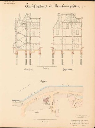 Geschäftsgebäude der Wasserbauinspektion, Emden: Lageplan 1:500, Schnitte 1:100