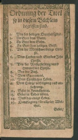 Ordnung der Titel so in diesem Büchlein begriffen sind.