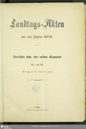 1917/18: Landtags-Akten / Berichte der 1. Kammer