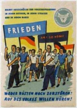 Illustrierter Klebezettel zur Volksbefragung gegen die Remilitarisierung