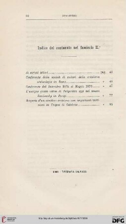 Indice del contenuto nel fascicolo II°