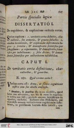 Dissertatio I: De cognitione, & explicatione veritatis certae