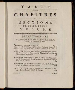 Table des Chapitres et Sections de ce Huitieme Volume.