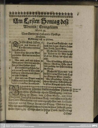 Am Ersten Sontag desz Advents, Evangelium Matth. 21. Vom Eintritt deß Herrn Christi zu Jerusalem