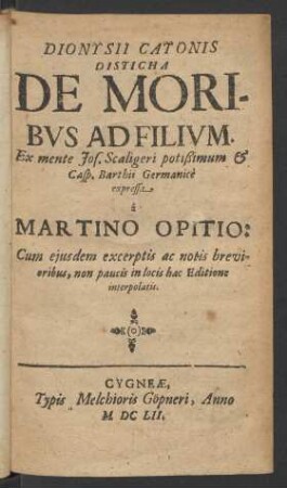 Dionysii Catonis Disticha De Moribus Ad Filium