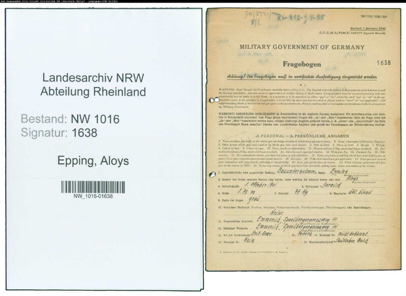 Entnazifizierung Aloys Epping , geb. 01.10.1901 (Bauunternehmer)