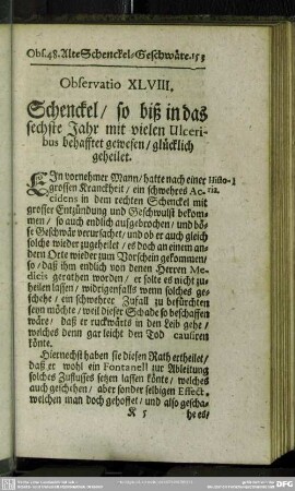 Observatio XLVIII. Schenckel, so biß in das sechste Jahr mit vielen Ulceribus behafftet gewesen, glücklich geheilet
