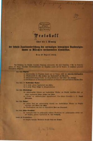 Protokoll über die ... Sitzung der behufs Auseinandersetzung des Vormaligen Beweglichen Bundeseigenthums zu München versammelten Commission, 1. 1869, 4. Apr.
