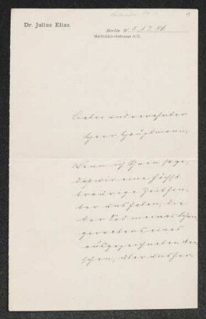 Brief von Julius Elias an Gerhart Hauptmann