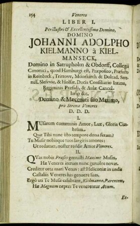 Liber I. [...] Domino Johanni Adolpho Kielmanno a Kielmanseck, [...] Domino & Mæcenati suo Maximo, pro Strena Veneres