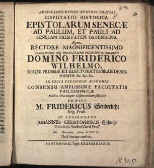 Disputatio Historica Epistolarum Senecæ Ad Paulum, Et Pauli Ad Senecam Falsitatem Ostendens