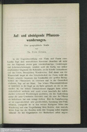 Auf- und absteigende Pflanzenwanderungen : Eine geographische Studie