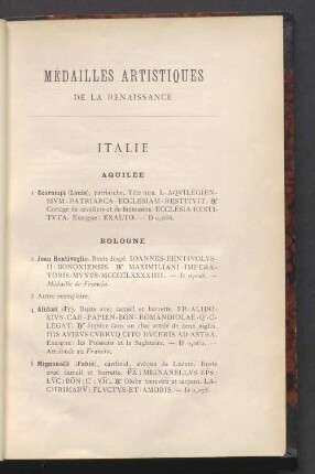 Médailles artistiques de la renaissance. Italie