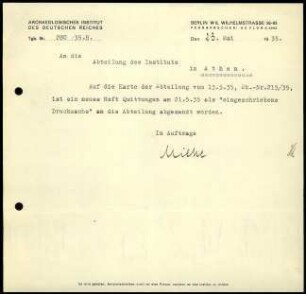 Schreiben; AIDR an DAI Athen (Quittungsheft)