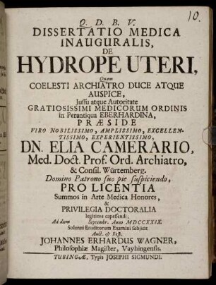 Dissertatio Medica Inauguralis, De Hydrope Uteri