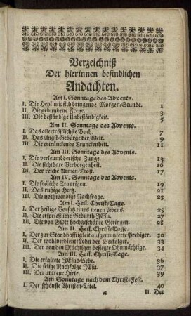 Verzeichniß Der hierinnen befindlichen Andachten. [Erstes Register.]