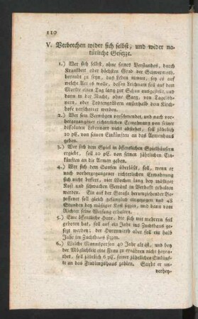 V. Verbrechen wider sich selbst, und wider natürliche Gesezze